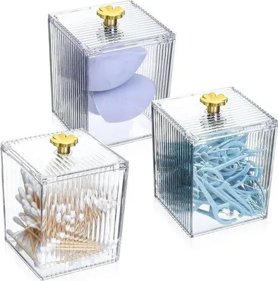 Immagine prodotto di Set di 3 porta-bastoncini di cotone, porta-bastoncini di cotone, porta-bastoncini di cotone, porta-tappi per le orecchie, porta-bastoncini di cotone Qtip con coperchio per camera da letto, bagno, organizer per il trucco, trasparente