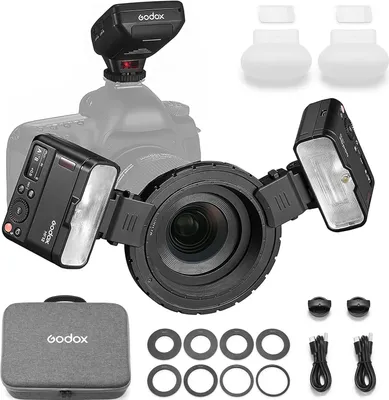 Produktbild von GODOX MF12-DK1 Makro-Blitz-Set inklusive 2 x MF12 Off-Camera TTL-Blitzlicht + 1 x Flsh-Ausloeser + 8 x Adapterringe + 1 x Montagering + 2 x Diffusoren + 2 x Kaltschuhhalterungen, unterstuetzt 2,4 G kabellose Steuerung TTL/M Modus fuer Dentalfotografie, Portraet-Makrofotografie, kompatibel mit Sony A7IV/ A7V/ A7RIV/ A7SII/ A9/ A9II