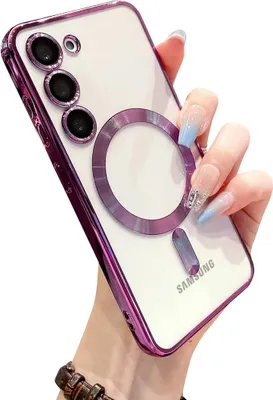 A hand holding a clear phone case with a purple metallic border and a magnetic ring, showcasing the phone inside.