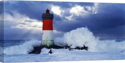 Zdjęcie produktu dla Obraz na płótnie, Latarnia morska na wzburzonym morzu - Jean Guichard, Phare des Pierres-noires lors d'une tempête - 120x60 cm