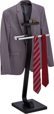Image de Porte-vêtements Relaxdays, avec tablette, pour vestes et pantalons, dimensions : 112 x 46 x 32 cm, porte-vêtements, noir/argent