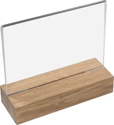 Tischaufsteller mit Holzfußaus Acryl im Querformat von HMF in DIN A6