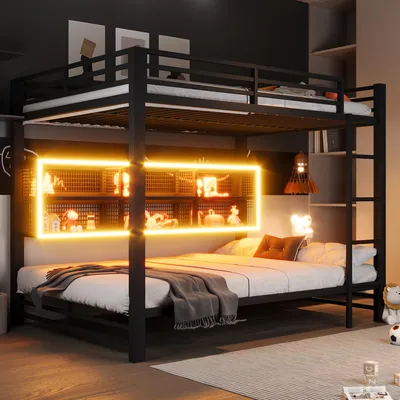 Zdjęcie produktu dla Łóżko piętrowe 140x200 cm z 6 szafkami do przechowywania, oświetleniem LED z efektami kolorystycznymi, barierkami ochronnymi i metalowym stelażem, konstrukcja metalowa, kolor czarny