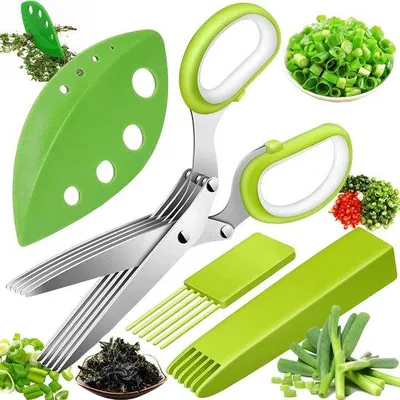 Image de Ciseaux de cuisine en acier inoxydable, 5 lames, avec étui de protection et brosse de nettoyage