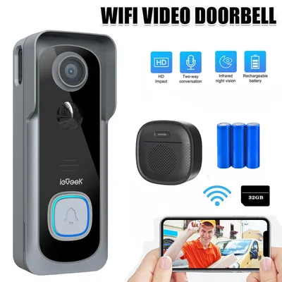 Obrázek produktu pro ieGeek 2K video zvonek s kamerou a wifi, bezdrátový vodotěsný zvonek s gongem, zvonek u vchodových dveří s detekcí osob PIR, 166° úhel pohledu 32GB SD