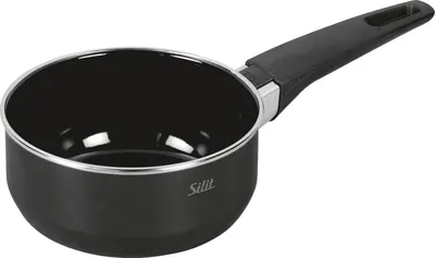 A black saucepan with a black handle is shown against a white background.