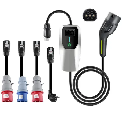 Image de Chargeur EV mobile Junsun Type 2 22 kW 32A avec 4 adaptateurs (22/11/7/3,5 kW), courant réglable 6-32A, minuterie de charge 1-10h, écran LCD