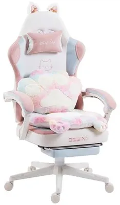 Produktbild von Gaming-Stuhl ergonomisch, Fußstütze, Stoff, verstellbar, Katzenpfoten-Design Bunt-Weiß