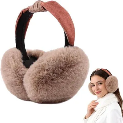 Productafbeelding van Famanu oorwarmers voor dames, inklapbare pluche oorbeschermers, kunstbont, warm, kaki