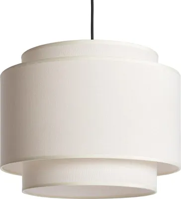 A close-up studio shot of a beige pendant lamp.