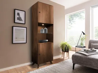 Produktbild von Vitrine 65x209cm "Lugano" Kernbuche massiv Tabak geölt