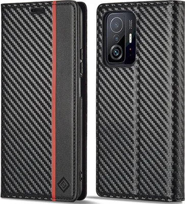 Produktbild von Hülle für Xiaomi 11T / 11T Pro Kohlefaser Leder Brieftasche Schutzhülle mit Standfunktion Schwarz Vertikale Rot