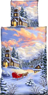 Produktbild von 4 teilige Flausch Bettwäsche 135x200 cm Winterlandschaft weiß blau Thermofleece
