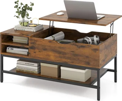 Immagine prodotto di Tavolino da caffè con piano sollevabile e vano portaoggetti nascosto, legno marrone