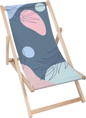 A foldable wooden deck chair with a colorful abstract pattern.