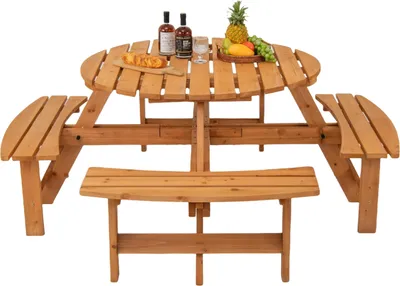 Produktbild von KOMFOTTEU Bierzeltgarnitur für 8 Personen, Picknicktisch Set aus Tannenholz mit 4 Bänken & Sonnenschirmloch, Gartenmöbel φ179 x 70 cm, Gartengarnitur Sitzgarnitur für Terrasse, Camping (Gelb)