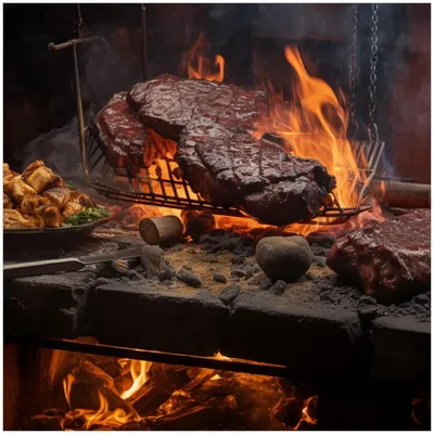 Produktbild von Wallario Sticker / Aufkleber für Kühlschrank / Geschirrspüler / Küchenschränke, selbstklebende Folie - 60 x 60 cm, Motiv: Urige Grillkunst: Steakschmiede
