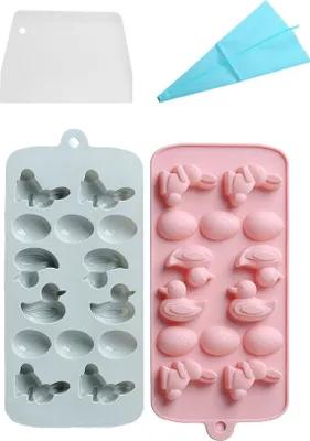 Obrázok produktu pre sada 2 veľkonočných silikónových foriem, veľkonočné 3D veľkonočné vajíčka zajačik Kačica Silikónová forma DIY Fondant Čokoládová forma na tortu Cookie Puding Dekorácie Domáce nástroje na pečenie, s potrubím a škrabkou