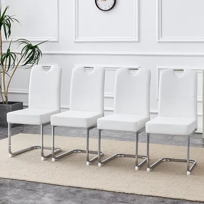 Immagine prodotto di Un set di due sedie da pranzo bianche, con schienale alto e imbottitura, dotate di sistema di supporto a molle integrato e design ergonomico: una perfetta combinazione di comfort ed eleganza
