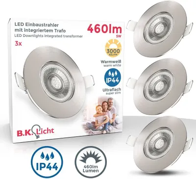 A product shot of LED downlights with accompanying marketing information and icons.