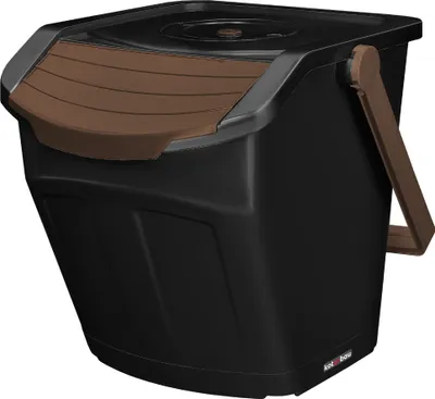 A black kitchen bin with a brown lid and handle, shown from a side-angle.