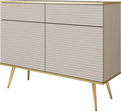 A beige sideboard with gold legs is shown against a white background.