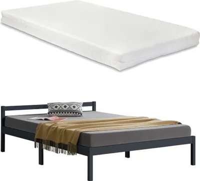 Produktbild von Łóżko drewniane Nakkila z materacem 140x200 cm łóżko podwójne z materacem z zimnej pianki ÖKO-Tex Standard 100 łóżko młodzieżowe łóżko gościnne drewno sosnowe matowe ciemnoszare