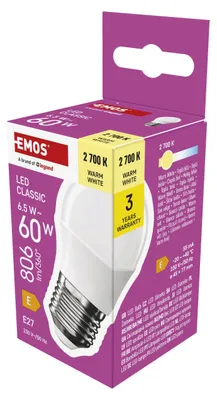 Zdjęcie produktu dla Lampa LED EMOS mini globe, 6,5W zamiennik żarówki 60W, mała żarówka z trzonkiem E27, jasność 806 lm, ciepła biel 2700 K, żywotność 30000 h, ZQ6E41