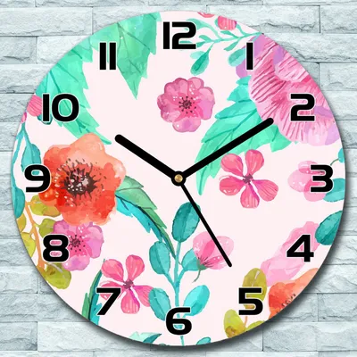 Produktbild von Wanduhr aus Glas Rund fi 30 Pastell Blumen Quarz Deko Wohnzimmer Büro