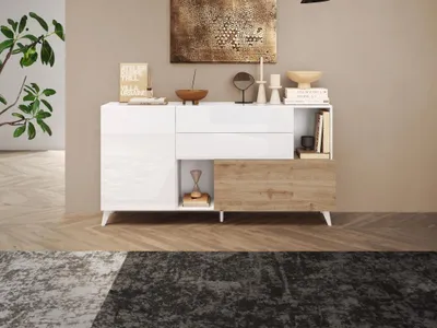 Produktbild von Sideboard mit 2 Türen, 2 Schubladen & 2 Ablagefächern - Holzfarben & Weiß lackiert - DONALA