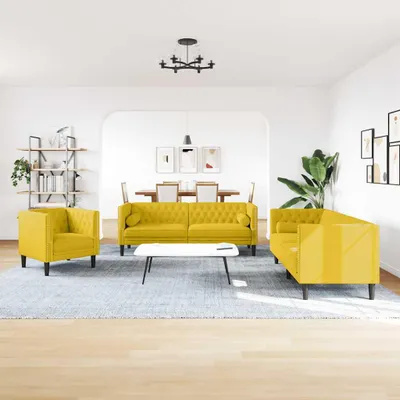 Image de vidaXL Ensemble de 3 canapés Chesterfield avec traversins Jaune velours