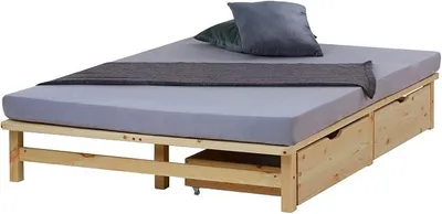 Produktbild von Palettenbett 140x200 Kiefer Massivholz mit Schubladen | Bettgestell mit 2 Bettkästen & Rolllattenrost – Natur, massiv, ideal für Kinder- und Jugendzimmer