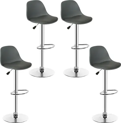 Four gray bar stools are arranged in a studio setting against a white background.