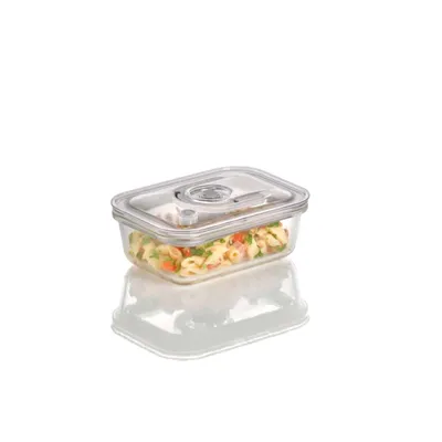 A rectangular glass food container filled with pasta and vegetables, shown against a white background.