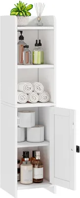 Image de Armoire de salle de bain, 20x20x78 cm, blanche, idéale pour les petits espaces, avec porte et étagères réglables