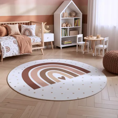 Obrázek produktu pro Homebyhome D?tský koberec duha hrací koberec kulatý do d?tského pokoje barva krémová Velikost: 120 cm kulatý