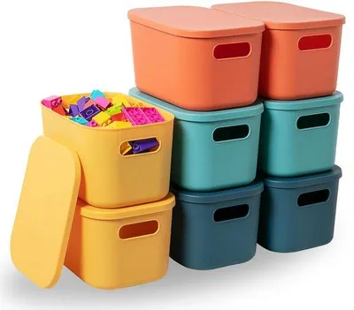 Obrázek produktu pro Unyqoos® Kompaktní, stohovatelné úložné boxy s víkem – sada 8 kusů, plast bez BPA, rozměry 24,5 x 17,5 x 16 cm, 4 barvy, štítky a fixy, s madlem