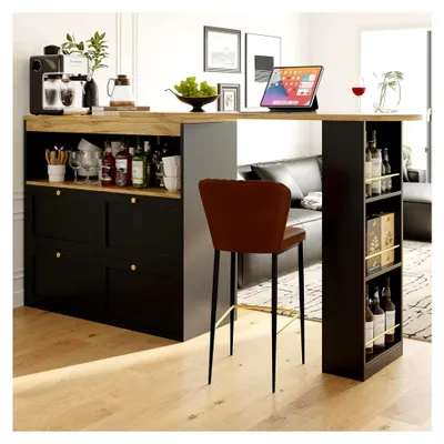 Produktbild von 360° drehbarer Bartisch (Hauptkörper 105 x 39 x 102 cm) für Esszimmer, Arbeitszimmer, Wohnzimmer usw. mit 4 Schubladen und offenen Ablagen