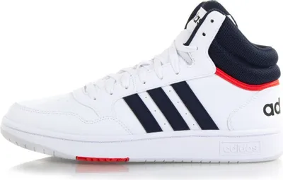 A white Adidas high-top sneaker with navy stripes and red accents.