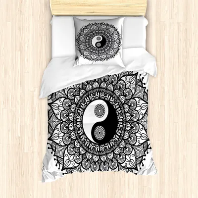 Produktbild von ABAKUHAUS Ying Yang Mantele, Bohemian Mendi Kunst, Milbensicher Allergiker geeignet mit Kissenbezügen, 135 cm x 200 cm - 80 x 80 cm, Charcoal Grau Weiß