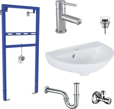 Produktbild von Belvit Waschbecken Komplettset 45cm Keramik Rosmarin mit Armatur, Vorwandelement, Pusher, Siphon und Schell Eckventil