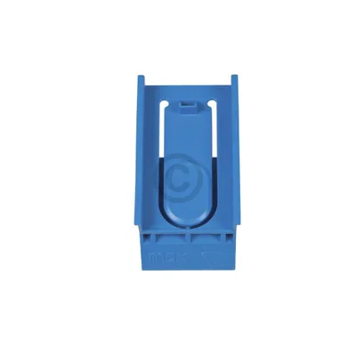 A blue plastic insert for a washing machine detergent drawer.
