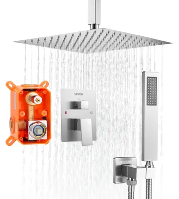 Immagine prodotto di VEVOR miscelatore doccia a pioggia per bagno Sistema doccia con soffione a pioggia quadrato da 305 mm e doccetta, montaggio a soffitto Rubinetti da bagno con valvola in ottone e set decorativo, nichel spazzolato