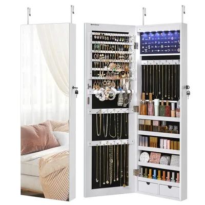 Produktbild von SONGMICS Schmuckschrank Spiegelschrank mit LED und Ganzkörperspiegel, weiß