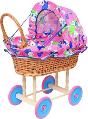 Produktbild von Puppenwagen aus Weide in Retro-Stil ROSA MIT TEDDYBÄREN Weidenpuppenwagen Weidenwagen Handarbeit CE