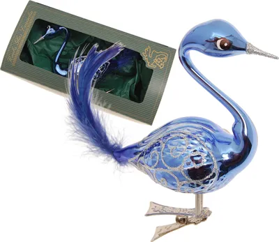 Produktbild von Krebs Glas Lauscha Weihnachtsbaumschmuck - Schwan in blau mit Clip - aus Glas - ca. 9cm + ca. 5cm Echtfeder