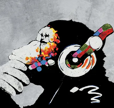 Produktbild von Streetart Kunstdruck Bild - Banksy Affe mit Kopfhörern, Musik (100 x 100 cm)