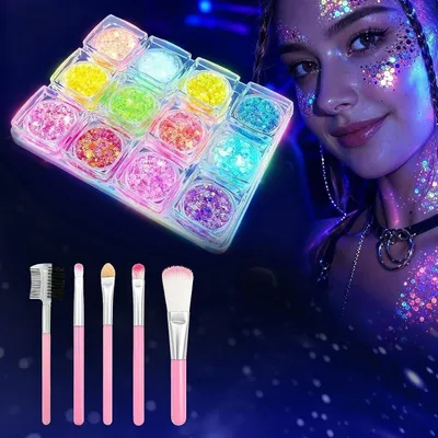 Produktbild von Gesichtsglitter Set, 12 fluoreszierende Farben, 5 Pinsel, für Festivals