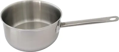 A stainless steel saucepan with a single handle is shown against a white background.