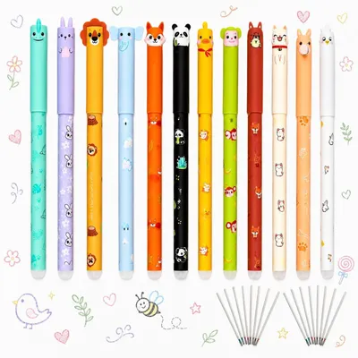 Immagine prodotto di Set di 12 penne cancellabili con motivi animali, punta da 0,7 mm, 16 ricariche, ideali per la scuola